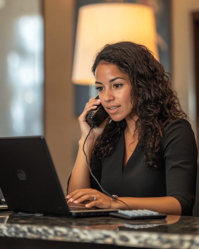 Recepcionista del Hotel Ejecutivo Inn en Ciudad Hidalgo, Michoacán, ofreciendo atención personalizada y servicio de contacto telefónico